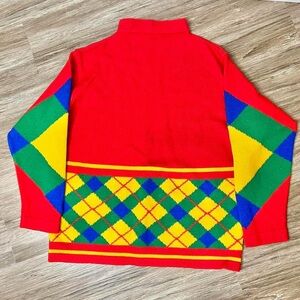 Vintage Italian Wool Sweater Rainbow Plaid Red Colorful 70s Retro Size Large